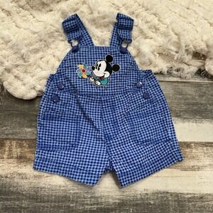 Vintage Disney Baby Mickey & Co  Blue Plaid Shorts Bibs Overalls 3/6 Months‎
